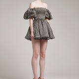 Houndstooth Print Puffed Sleeves Silk Gazar Mini Dress
