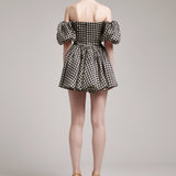 Houndstooth Print Puffed Sleeves Silk Gazar Mini Dress