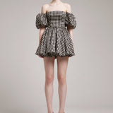 Houndstooth Print Puffed Sleeves Silk Gazar Mini Dress