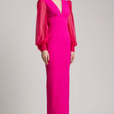 Full Length V-neckline Gown with Puffed Silk Chiffon Sleeves in Fuchsia
