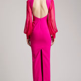 Full Length V-neckline Gown with Puffed Silk Chiffon Sleeves in Fuchsia
