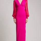 Full Length V-neckline Gown with Puffed Silk Chiffon Sleeves in White