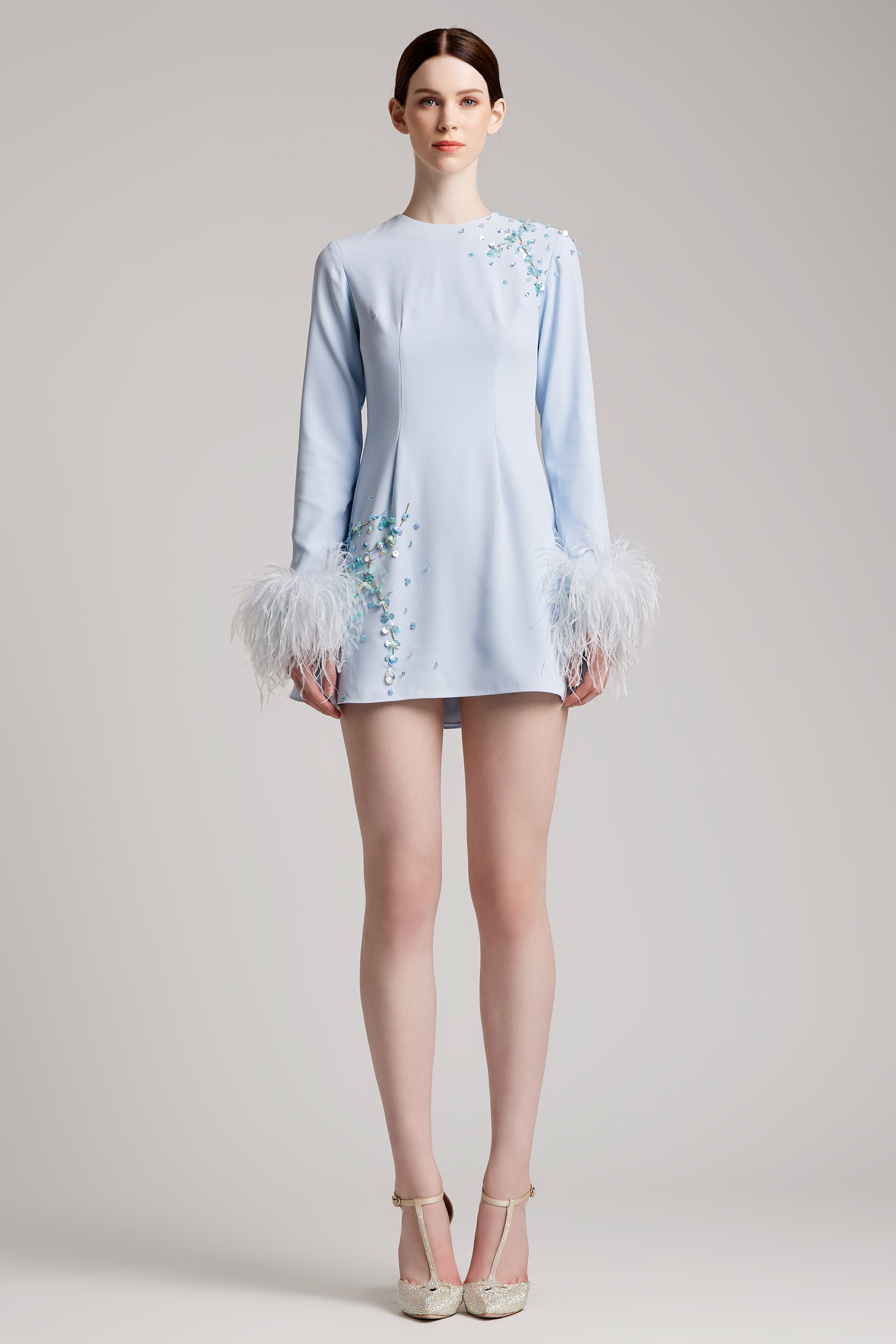 feather dress Ⅱ duck blue Feather Cuff Embellished Mini Dress in Baby Blue – IVAN YOUNG