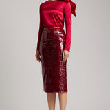 Sequin-Embroidered Midi Skirt with back slit in Red