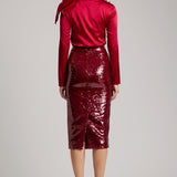 Sequin-Embroidered Midi Skirt with back slit in Red