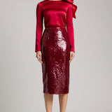 Sequin-Embroidered Midi Skirt with back slit in Red