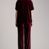 High Waisted Elastic Band Silk Velvet Long Trousers in Maroon