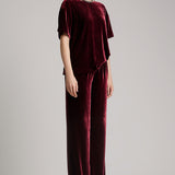 High Waisted Elastic Band Silk Velvet Long Trousers in Maroon