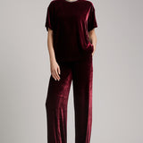 High Waisted Elastic Band Silk Velvet Long Trousers in Maroon