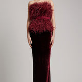Ostrich Feather Embellished Strapless Peplum Top in Rosewood