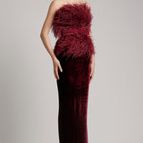 Ostrich Feather Embellished Strapless Peplum Top in Rosewood