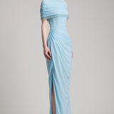 Elastic Corset Gathers Dress with Glass Beads Shoulder Cape in Baby Blue