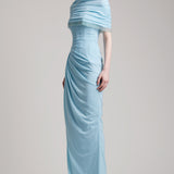 Elastic Corset Gathers Dress with Glass Beads Shoulder Cape in Baby Blue