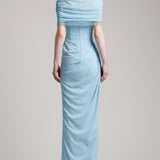 Elastic Corset Gathers Dress with Glass Beads Shoulder Cape in Baby Blue
