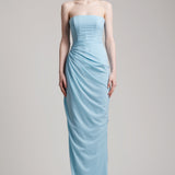 Elastic Corset Gathers Dress with Glass Beads Shoulder Cape in Baby Blue