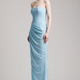 Elastic Corset Gathers Dress with Glass Beads Shoulder Cape in Baby Blue