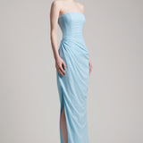 Elastic Corset Gathers Dress with Glass Beads Shoulder Cape in Baby Blue