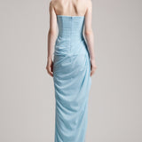 Elastic Corset Gathers Dress with Glass Beads Shoulder Cape in Baby Blue