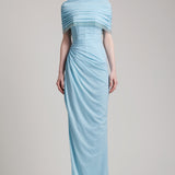 Elastic Corset Gathers Dress with Glass Beads Shoulder Cape in Baby Blue