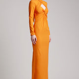 Ribbon Crossed Halterneck Long Sleeve Dress in Orange