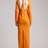 Ribbon Crossed Halterneck Long Sleeve Dress in Orange