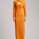 Ribbon Crossed Halterneck Long Sleeve Dress in Orange