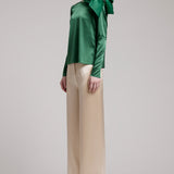 Silk Satin Button and Bow Embellished Blouse with Long Sleeves In Green