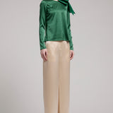 Silk Satin Button and Bow Embellished Blouse with Long Sleeves In Green