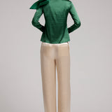 Silk Satin Button and Bow Embellished Blouse with Long Sleeves In Green