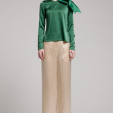 Silk Satin Button and Bow Embellished Blouse with Long Sleeves In Green