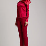 Silk Satin Button and Bow Embellished Blouse with Long Sleeves in Maroon