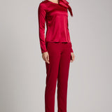 Silk Satin Button and Bow Embellished Blouse with Long Sleeves in Maroon