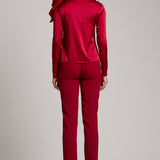 Silk Satin Button and Bow Embellished Blouse with Long Sleeves in Maroon
