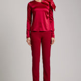 Silk Satin Button and Bow Embellished Blouse with Long Sleeves in Maroon