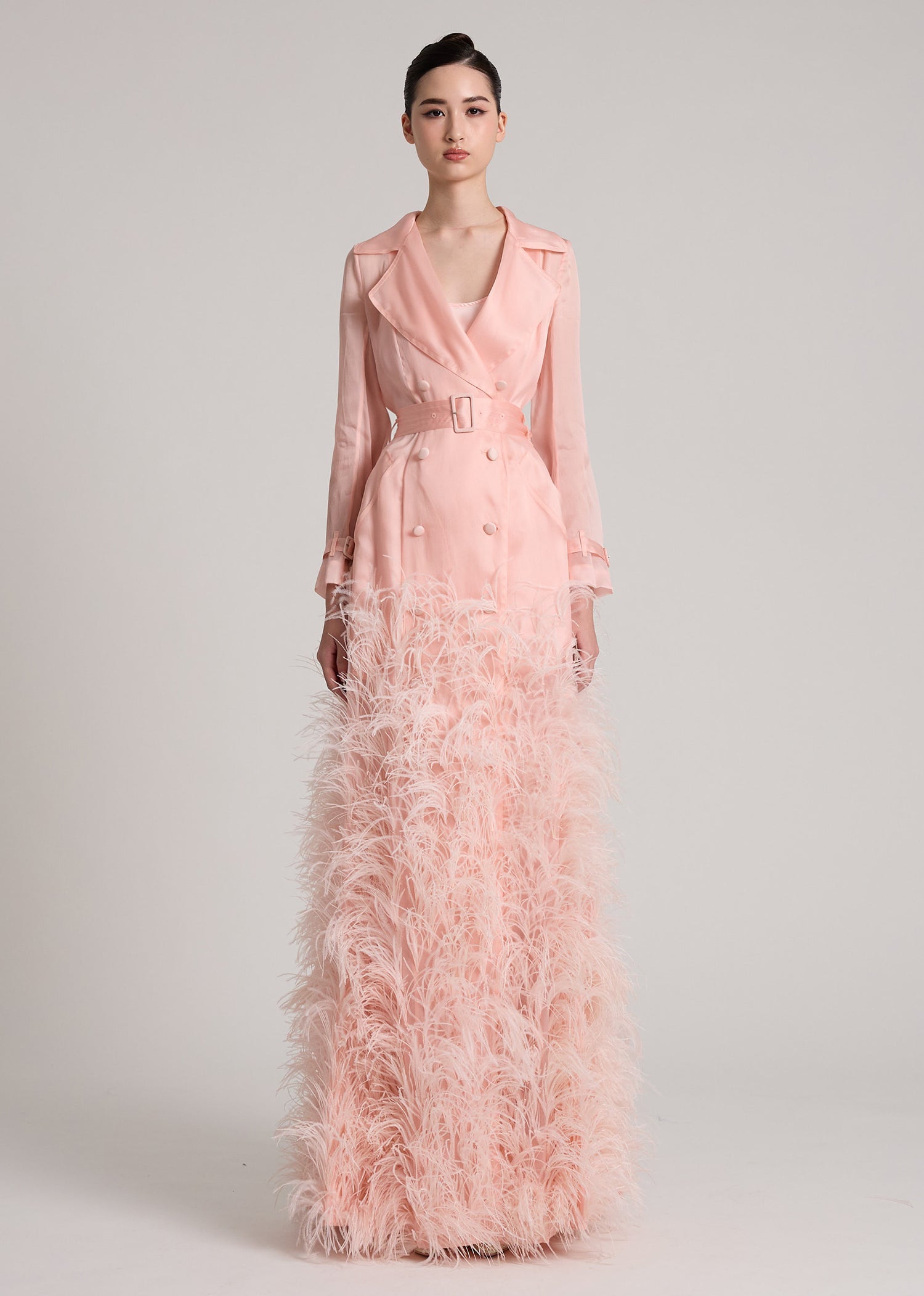 Ostrich Feathers Embellished Silk Gazar Maxi Trench Dress in Pink – IVAN  YOUNG