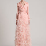 Ostrich Feathers Embellished Silk Gazar Maxi Trench Dress in Pink
