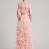 Ostrich Feathers Embellished Silk Gazar Maxi Trench Dress in Pink