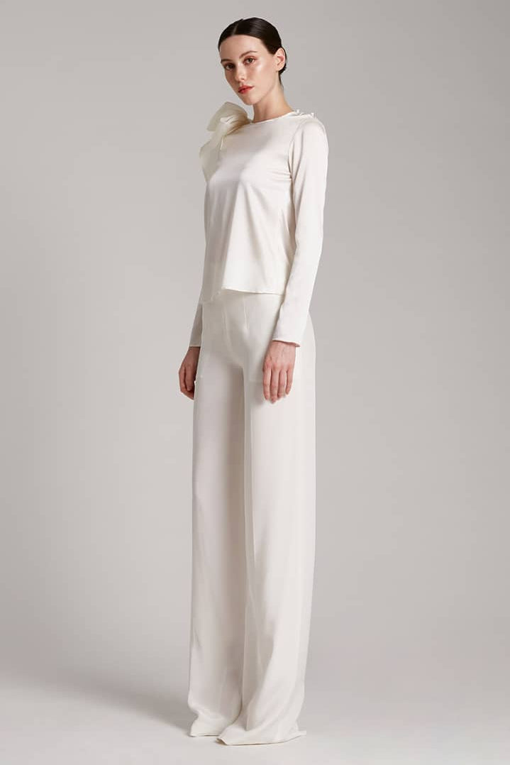 Silk Satin Button and Bow Embellished Blouse with Long Sleeves In White