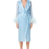 Ostrich Feathers Embellished Sleeves Silk Gazar Trench Coat in Blue