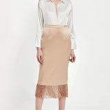 Crystal Tassels Silk Satin Pencil Skirt in Champagne