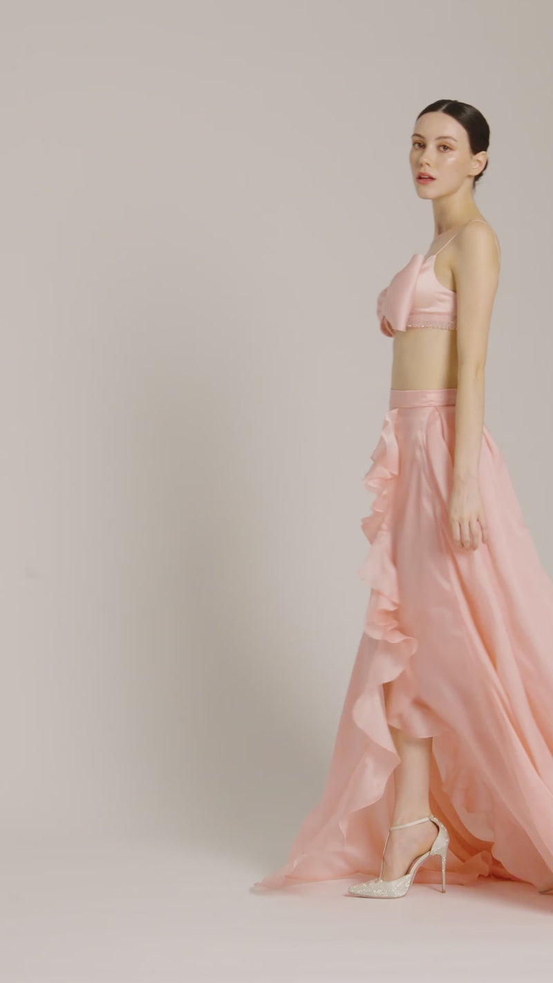 Ariana Big Bow Crystal Fringe Silk Satin Bralette in Blush Pink
