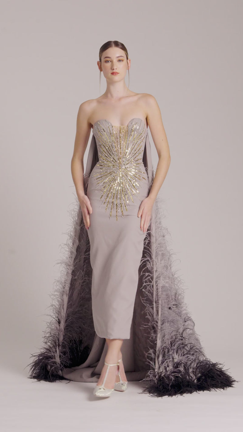 Grey Sequin-Embroidered Strapless Dress with Long Train