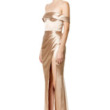 Satin Off Shoulder Dress in Gold