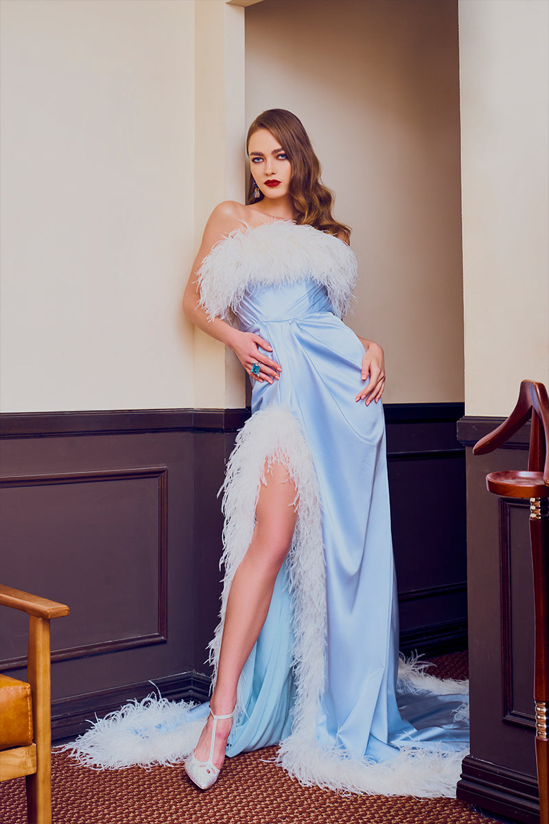 Ostrich Feathers Trimmed Strapless Silk Satin Dress in Baby Blue IVAN YOUNG