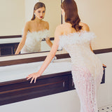 Ostrich Feather Trimmed Hand Embellished Strapless Dress in White