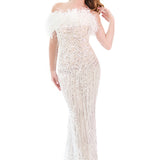 Ostrich Feather Trimmed Hand Embellished Strapless Dress in White