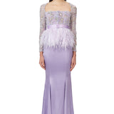 Hand Embellished Mesh Top With Ostrich Feathers Peplum in Lilac