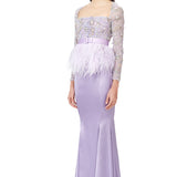 Hand Embellished Mesh Top With Ostrich Feathers Peplum in Lilac