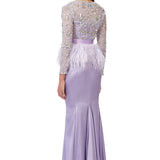 Hand Embellished Mesh Top With Ostrich Feathers Peplum in Lilac