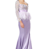 Hand Embellished Mesh Top With Ostrich Feathers Peplum in Lilac
